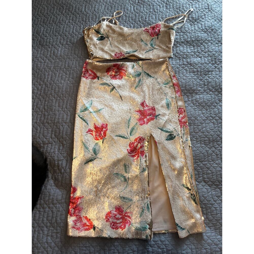 Revolve - NBD Champagne Sequin Crop Top Skirt Set w Floral Print